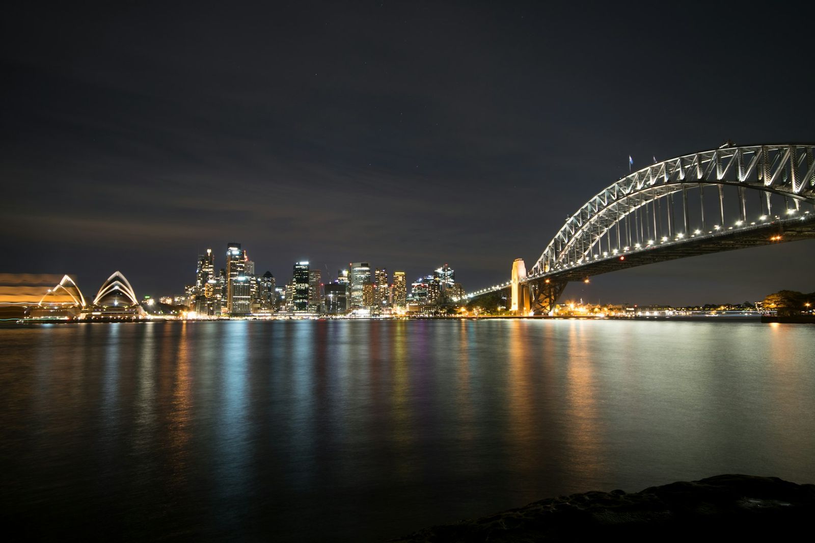 Sydney Harbour at night, looking across the water to the city and the Harbour Bridge